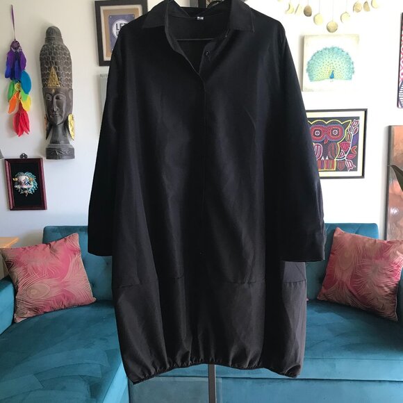 UOOZEE size M Oversized Black Lagenlook Tunic Shirt Dress Pockets Artsy - Picture 1 of 6